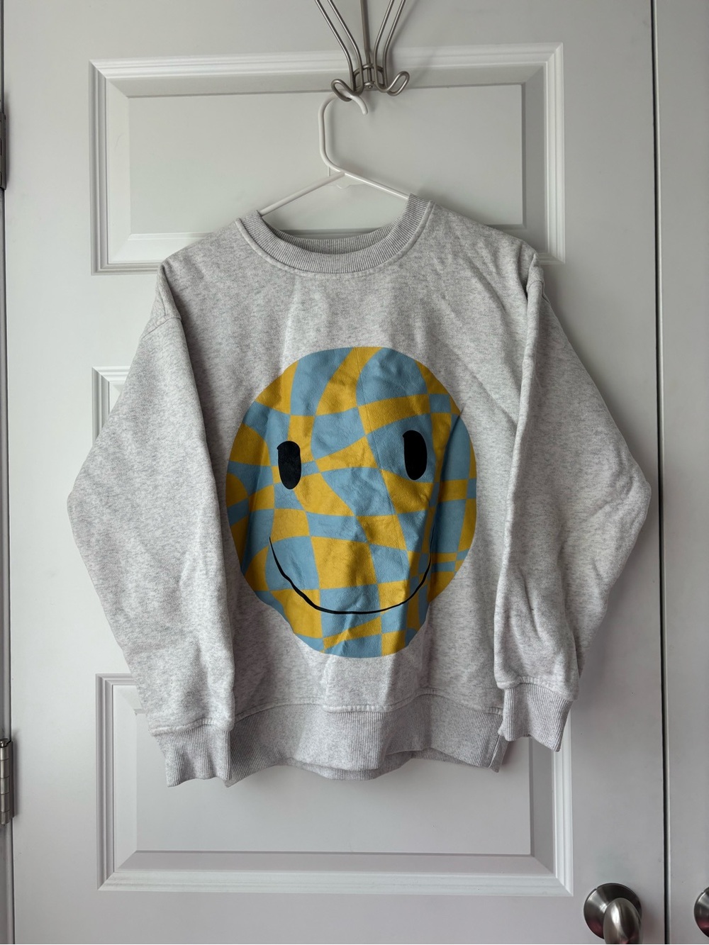 Gray Crewneck Sweatshirt with Blue and Yellow Smiley Graphic